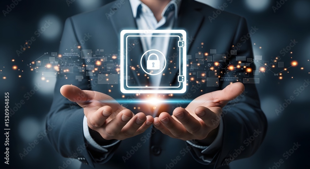 Poster secure data protection concept a businessman's hands hold a digital safe symbolizing cybersecurity a
