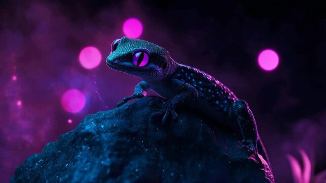 Nocturnal gecko with pink eyes on rock under neon light, digital artwork