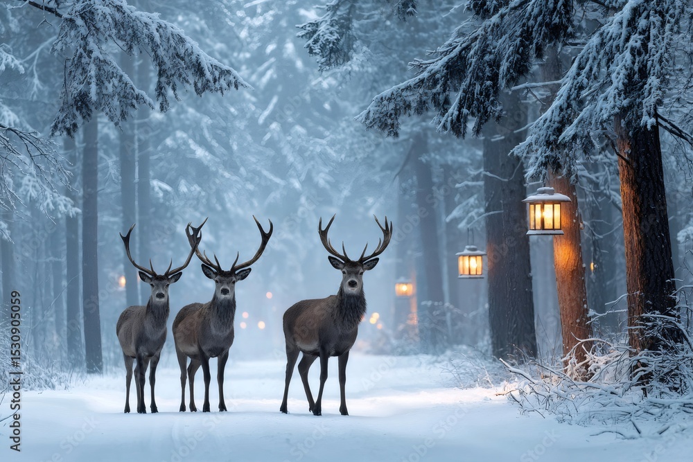 Poster red deer stags standing on snowy path in illuminated winter forest