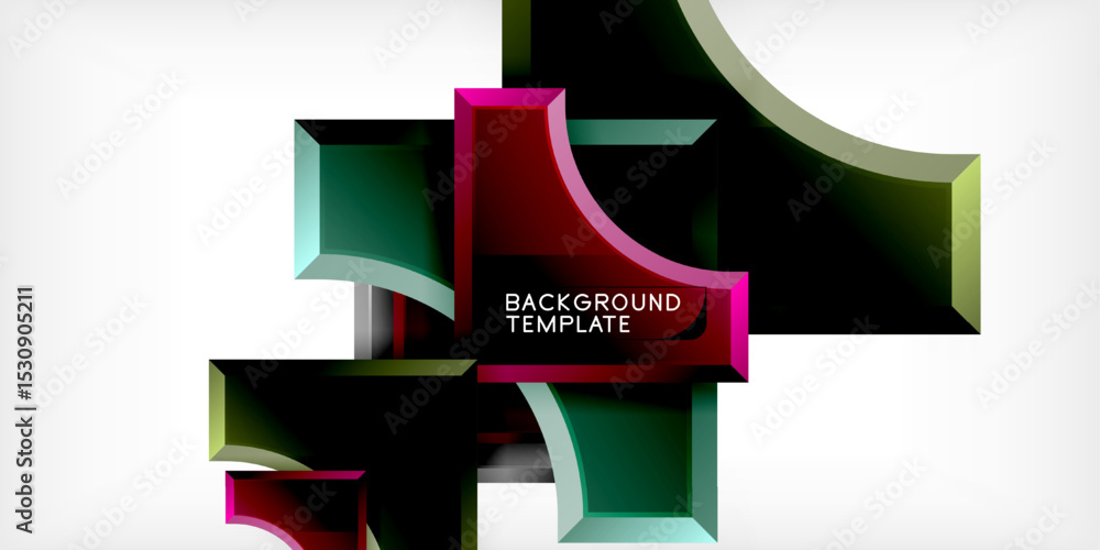 Poster Abstract geometric design. Overlapping shapes create dynamic composition. Dark background highlights vibrant colors, modern aesthetic.