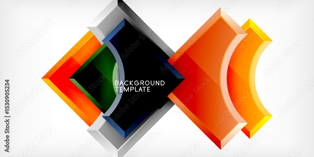 Poster Abstract geometric shapes overlap. Bright colors create modern design. Black background emphasizes vibrant elements. Template for digital projects.