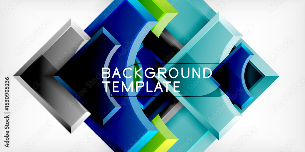 Poster Abstract geometric design. Blue, green hues create modern visual. Shapes overlap, forming dynamic composition. Bright gradients enhance depth.