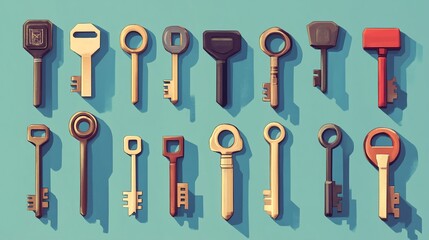 Obraz premium Collection of Antique Keys on Blue Background, Security and Unlock Concepts