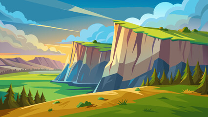 Scenic Cartoon Landscape of Rocky Cliffs and Green Fields – Nature Illustration