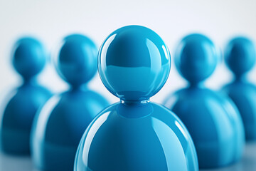 Group of Glossy Blue Human Figures Standing Together, Teamwork and Leadership Concept