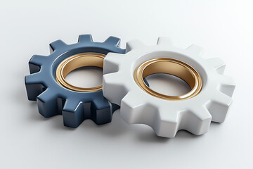 Interlocked Blue and White Gears with Golden Interior, Conceptual of Teamwork and Mechanical Processes