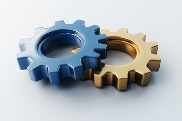 Interlocked Blue and Gold Gears Symbolizing Collaboration, Engineering, and Mechanical Processes on White Background