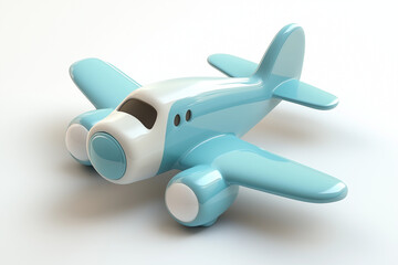 Light Blue and White Plastic Toy Airplane with Three Propellers on White Surface