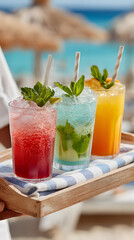Colorful refreshing cocktails served on a wooden tray with mint leaves, showcasing vibrant drinks against a beautiful beach background. Selective focus