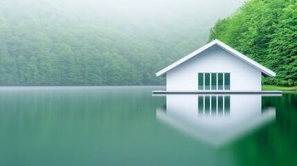 Serene Nordic Architecture by a Misty Lake