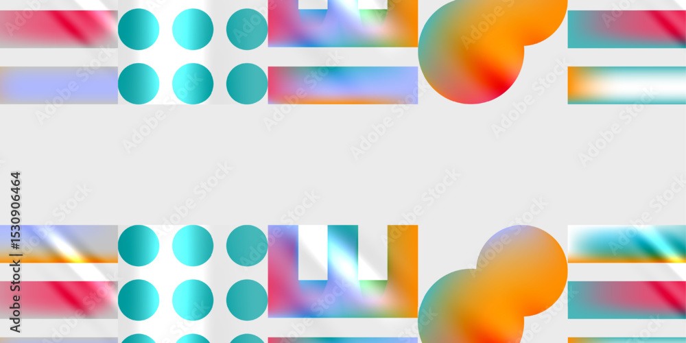 Poster Abstract design features colorful rectangles, circles, gradients. Composition repeats twice, creating symmetrical visual impact. Modern, vibrant aesthetic.
