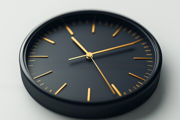 Minimalist Black Wall Clock with Golden Hands and Markers, CloseUp Detail