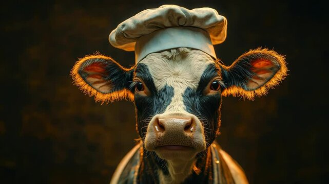 Cow wearing a chef's hat with tongue out in warm lighting, anthropomorphic art