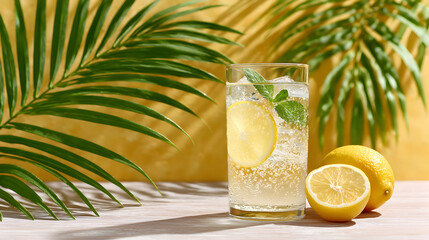 Refreshing lemonade drink in a glass with ice, lemon slices, and mint leaves, surrounded by tropical palm leaves and bright yellow background. Selective focus