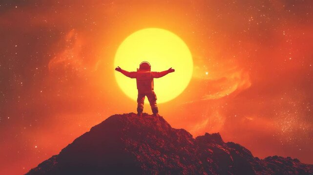 Astronaut standing on rocky terrain with bright red sun in the background, surreal scene