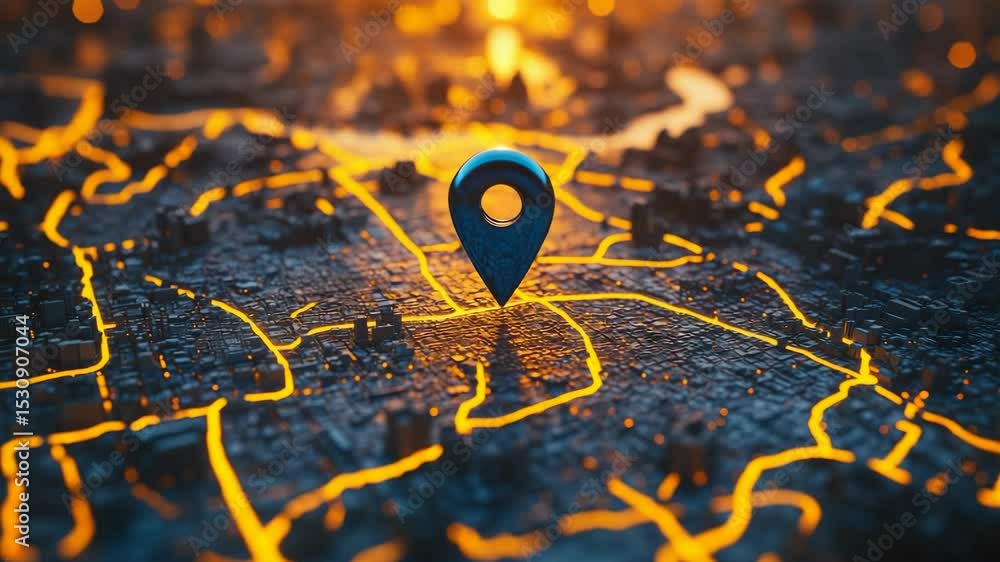 Poster Blue map pin on glowing city map at dusk, 3d rendering of navigation concept