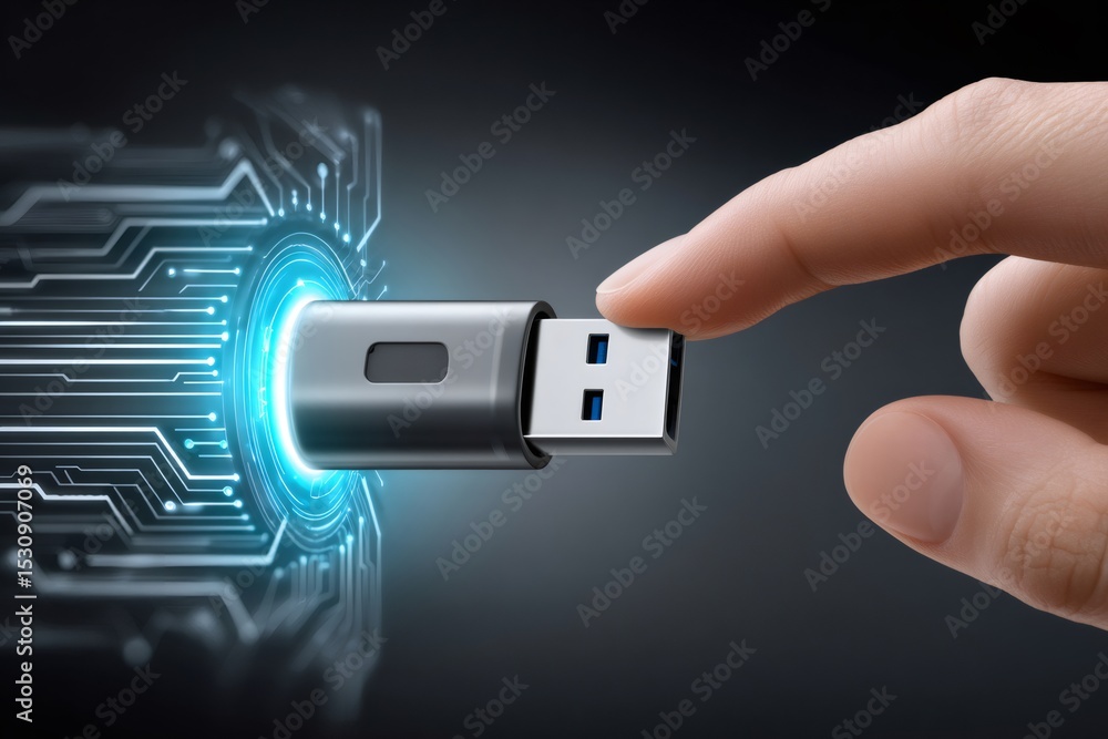 Poster finger touching usb flash drive emerging from futuristic glowing circuit board