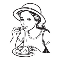 Young woman in summer hat and casual top enjoying a meal outdoors. Teenage girl eating lunch with plate of food in hand. Casual young person enjoying a meal. park.