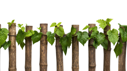 A rustic wooden fence partially obscured by a lush growth of green leaves and vines creating a natural earthy backdrop