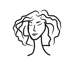 Linen sketch Illustration of a beautiful woman with curly hair. Template for beauty curly logo design.