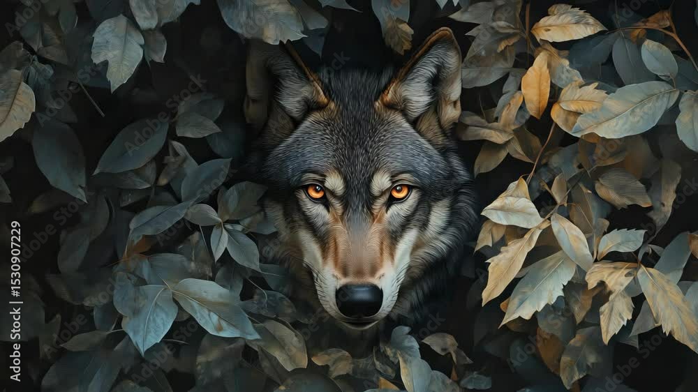 Poster wolf with captivating eyes emerging from colorful leaves in a digital artwork