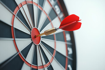 Red Dart Hitting Bullseye on Dartboard, Achieving Success and Perfect Aim, Close Up View