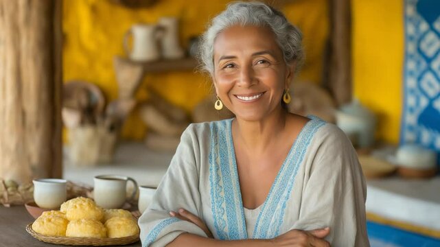 Brazilian woman makes traditional breakfast with coffee and cheese bread