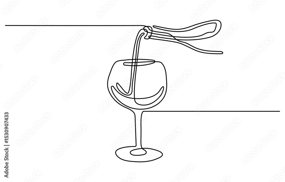 Poster wine bottle and wine glass drawing with one continuous line, continuous line one drawing of wine bot