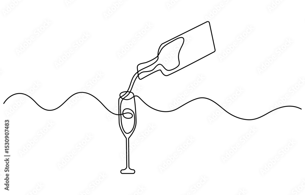 Poster wine bottle and wine glass drawing with one continuous line, continuous line one drawing of wine bot