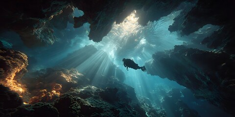 Lone scuba diver's silhouette explores a deep-sea canyon. Volumetric sunbeams pierce the dark blue water, framed by immense rock walls.