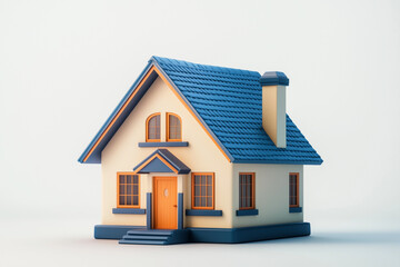 Rendered Cartoon House with Blue Roof, Beige Walls, Orange Trim, and White Background Isolated