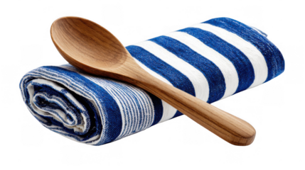 Wooden spoon lies on a rolled up blue and white striped cloth napkin, set against a transparent background, creating a simple yet elegant image perfect for culinary or kitchen themed projects