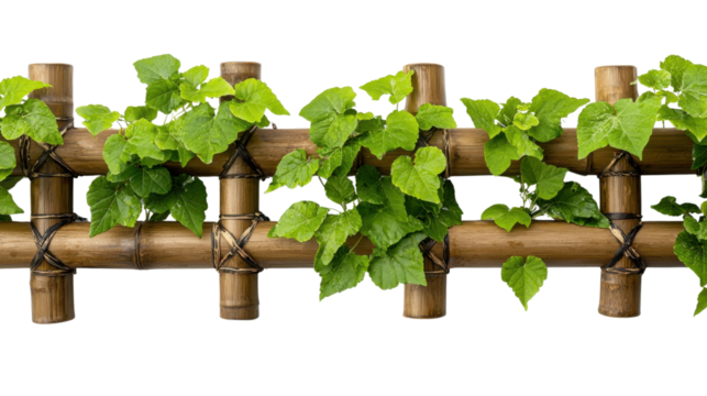 A visually striking and eco friendly design featuring a thriving arrangement of green leaves and foliage interwoven with a sustainable bamboo structure