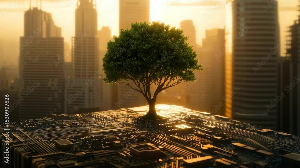 Poster tree growing atop a circuit board with city skyline in the background