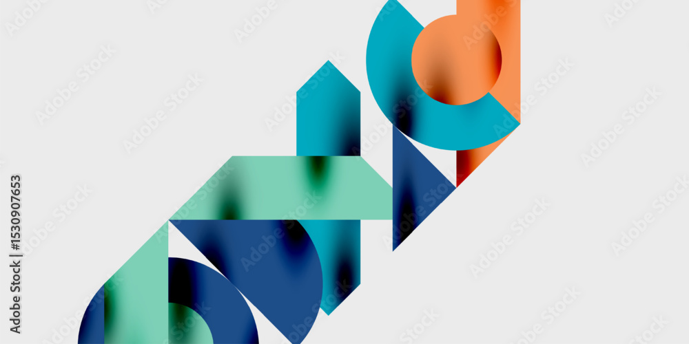 Poster abstract geometric shapes overlap, creating dynamic composition. blues, greens, orange hues dominate