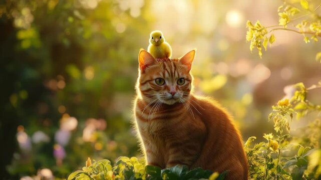 Orange tabby cat with yellow duckling in sunlit garden, concept of unlikely friendship
