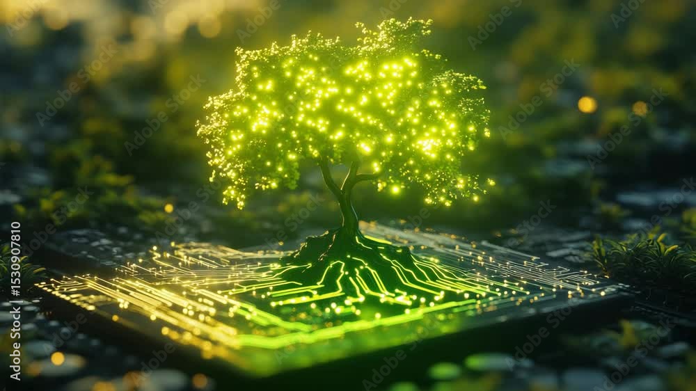Poster glowing tree on a circuit board representing technology and nature harmony