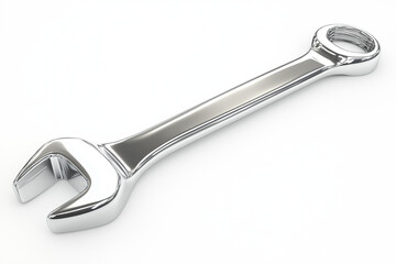 Shiny Chrome Combination Wrench on White Background, Automotive Repair Tool CloseUp Studio Shot