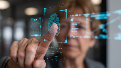 An elderly person uses a biometric device, scanning a fingerprint or iris on a transparent glass sensor. The modern, respectful scene highlights aging tech adoption and digital inclusion in everyday.