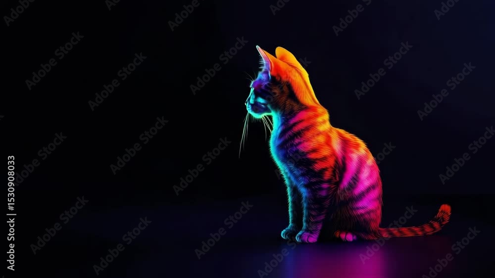 Poster colorful neon cat sitting and gazing in darkness with a curious expression