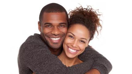 Fotobehang Tandarts Happy couple embracing and smiling, radiating love and affection for each other against a transparent background. Capturing genuine connection and joyful intimacy in a cheerful moment  © Justlight