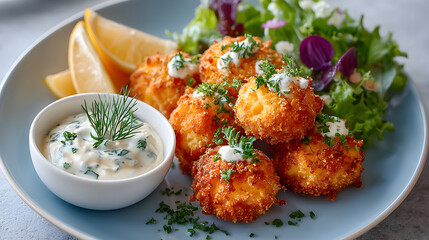 Crispy golden fried seafood balls served with fresh salad and lemon wedges, accompanied by creamy dipping sauce on a blue plate, showcasing delicious culinary presentation. Selective focus