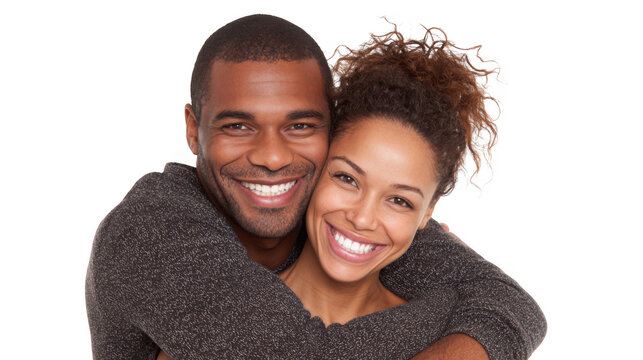 Happy couple embracing and smiling, radiating love and affection for each other against a transparent background. Capturing genuine connection and joyful intimacy in a cheerful moment