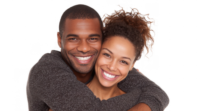 Happy couple embracing and smiling, radiating love and affection for each other against a transparent background. Capturing genuine connection and joyful intimacy in a cheerful moment