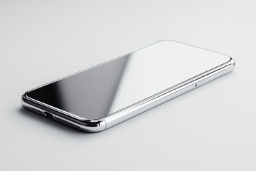 Silver Smartphone Laying Flat with Blank Screen Display Reflecting Light on Clean White Surface