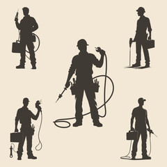 Set of silhouette of electrician man with tools. Vector illustration.