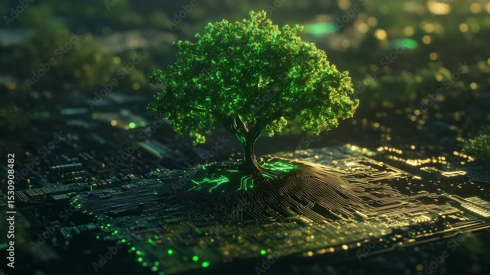 Poster tree growing from a circuit board with glowing branches at sunset