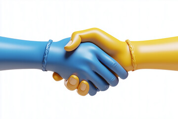 Stylized Blue and Yellow Hands in a Handshake on White Background Illustration