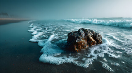 Rock formation partially submerged in gentle ocean waves, creating a serene coastal scene with soft foam and misty atmosphere enhancing tranquility. Selective focus