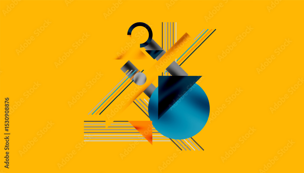 Poster abstract geometric composition. shapes overlap, creating dynamic visual interest. yellow background 